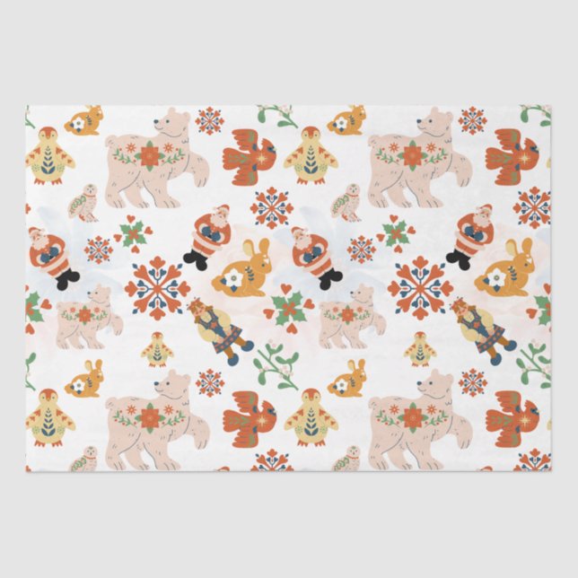 Papel De Seda Padrões de Natal das Flores Bonitas com Papais noe (Frente )