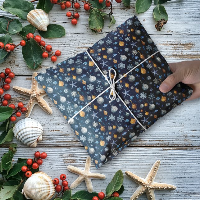 Papel De Seda Padrões de neve costeira e elementos náuticos (Coastal Snowflakes & Nautical Elements Pattern Tissue Paper)