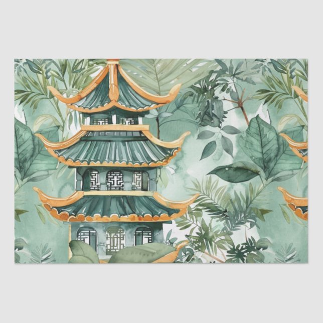 Papel De Seda Pagoda Asiática de Aquarela na Paisagem Verdante ( (Frente )