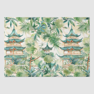 Papel De Seda Pagoda Asiática de Aquarela na Paisagem Verdante (