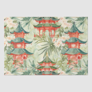 Papel De Seda Pagoda Asiática de Aquarela na Paisagem Verdante (