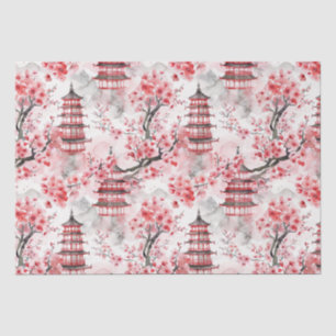 Papel De Seda Pagoda Chinesa Aquarela com Blossomas de Cereja (9