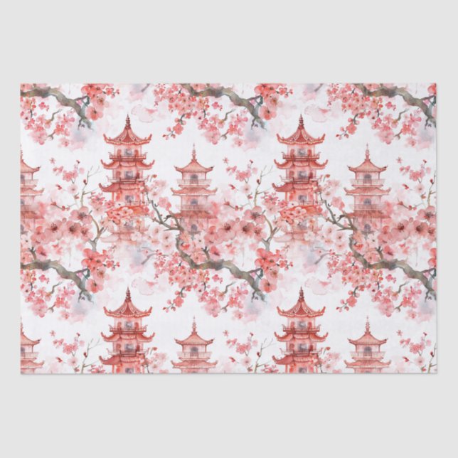 Papel De Seda Pagoda Chinesa Aquarela com Flores de Cereja (3) (Frente )