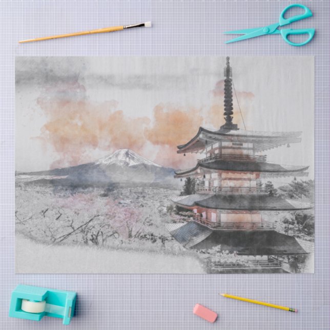 Papel De Seda Pagode Japonesa em Aquarela & Fuji (Arte )