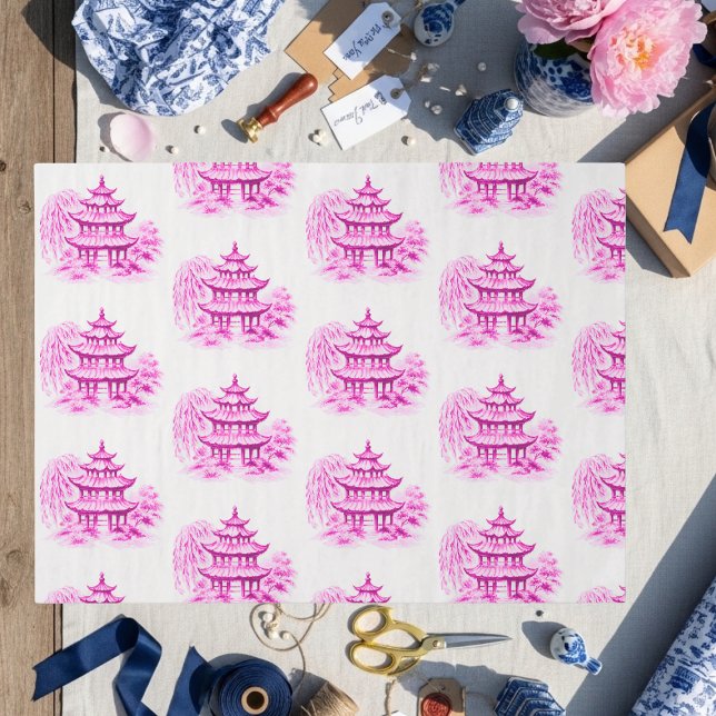 Papel De Seda Pagode Rosa Chinoiserie (Chinoiserie Pink Willow Pagoda Tissue Paper)