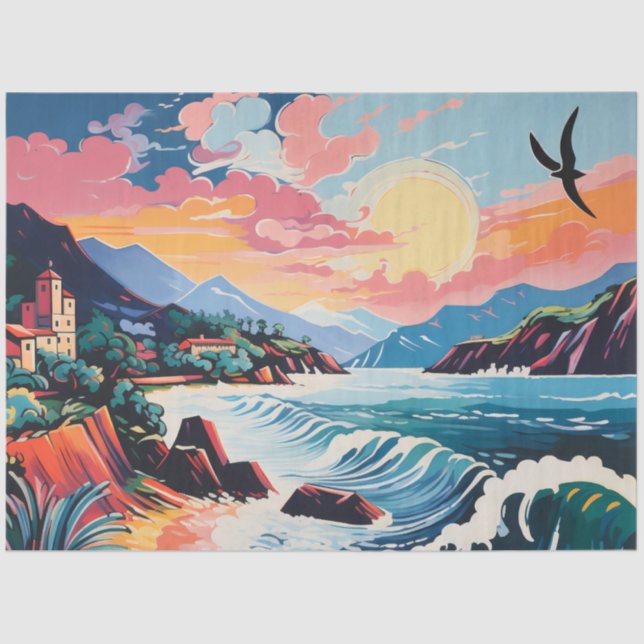 Papel De Seda Paisagem Cidade Velha, Montanhas, Mar (Frente )