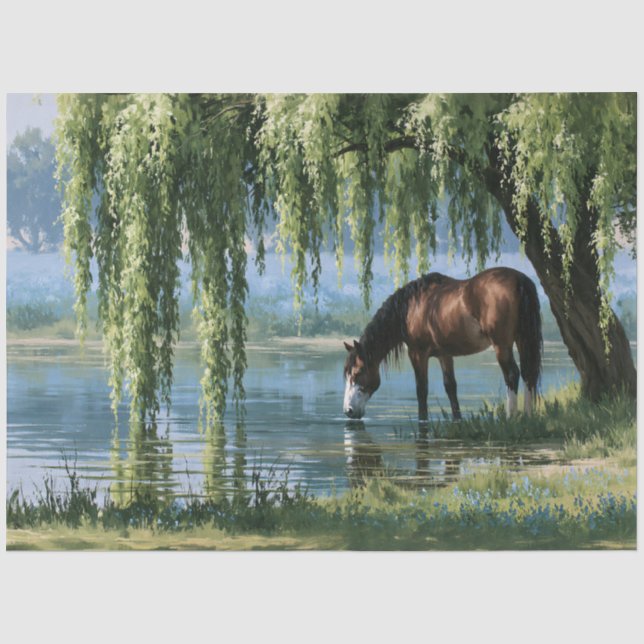 Papel De Seda Paisagem da Árvore de Salgueiro e Lago com Cavalo (Frente )