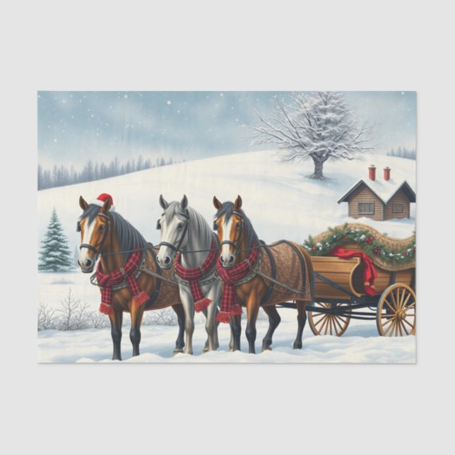Papel De Seda Paisagem de inverno com Cavalos e Cabina (Frente )