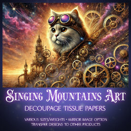 Papel De Seda Paisagem Mágica Gato Steampunk Cósmico Decoupage