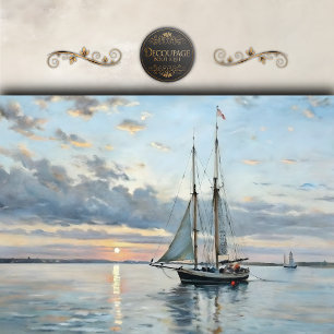Papel De Seda Paisagem Marítima de Barco à Vela ao Pôr do Sol em