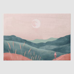 Papel De Seda Paisagem Montanhosa Boho Lua Rosa Verde Água