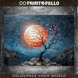 Papel De Seda Paisagem mosaica com sol vermelho e cerejeira