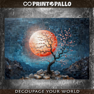 Papel De Seda Paisagem mosaica com sol vermelho e cerejeira