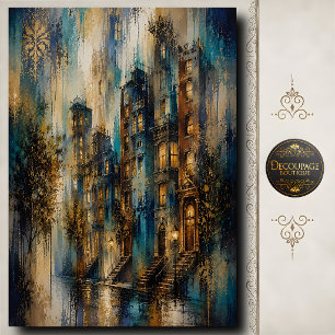 Papel De Seda Paisagem Urbana de Brownstone Decoupage Noite Chuv