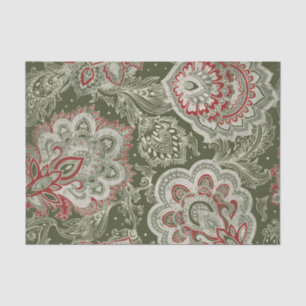 Papel De Seda Paisley Design em tons de verde e vermelho