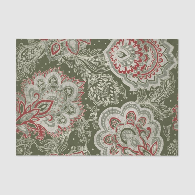 Papel De Seda Paisley Design em tons de verde e vermelho (Frente )