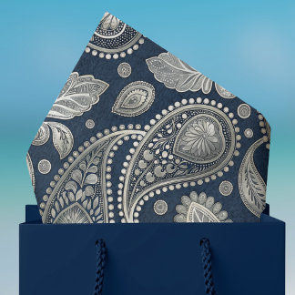 Papel De Seda Paisley em Azul Marinho Elegante Olhar Prata Vinta