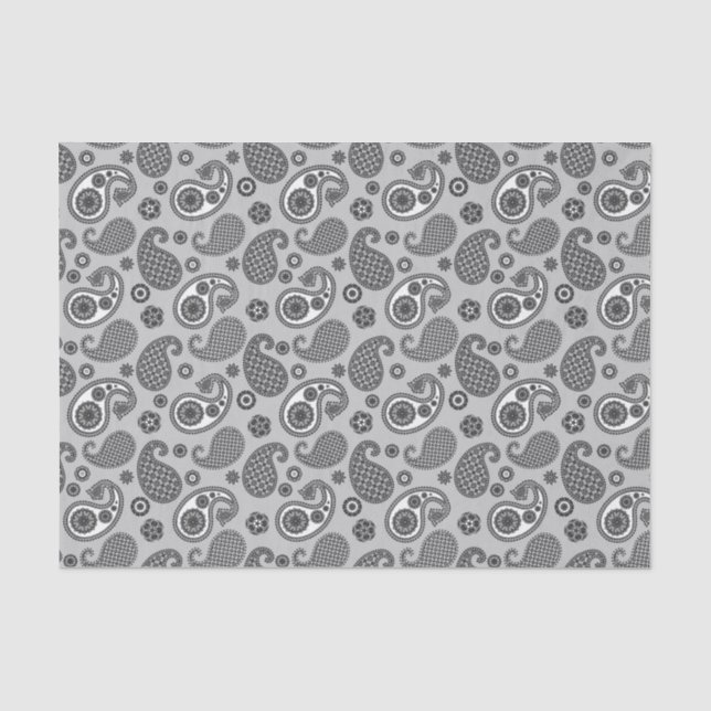Papel De Seda Paisley Pattern, Cinza, Preto e Branco (Frente )