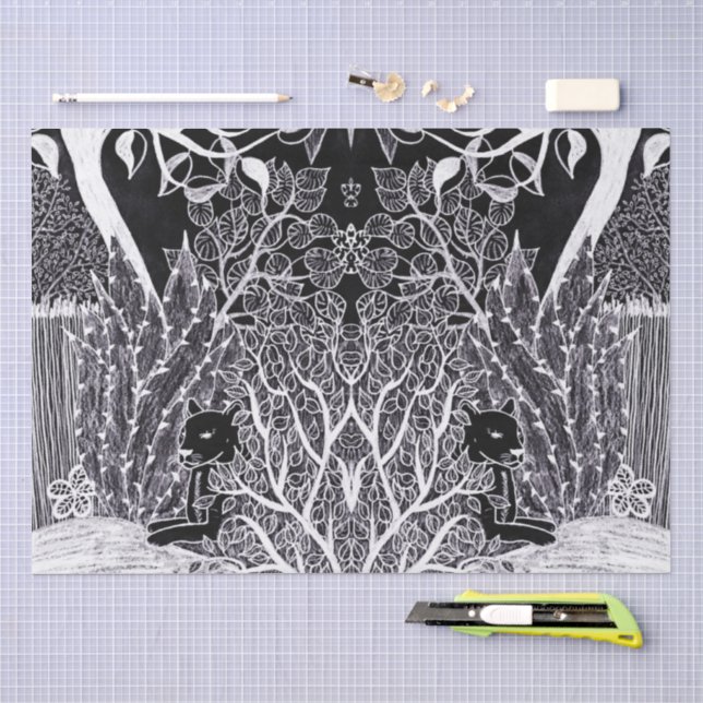 Papel De Seda Pantera negra na selva - desenho a lápis (Arte )