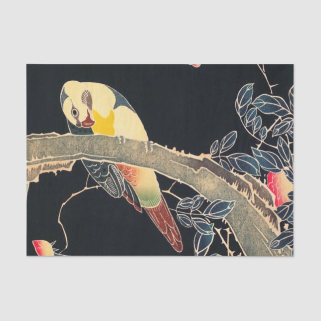 Papel De Seda Papagaio no Ramal de um Rosa Flor Bush (Frente )