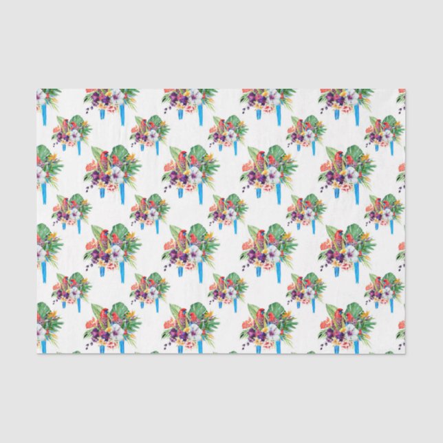 Papel De Seda Papagaios de Cauda Azul com Folhas 2 (Frente )