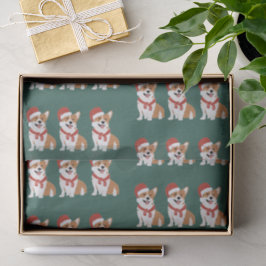 Papel De Seda Papai Noel de Corgi de Natal Verde Profundo Rico