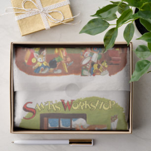 Papel De Seda Papai Noel de Natal Vintage com Elfos na Oficina