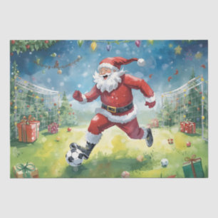 Papel De Seda Papai Noel está jogando futebol no campo de Natal