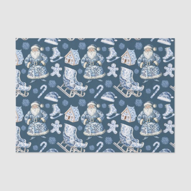 Papel De Seda Papais noeis de Natal da Chinoiserie Azul e Branca (Frente )