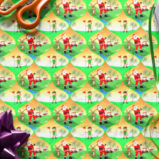 Papel De Seda Papais noeis Jogando Golfe No Ogee De Natal Da Fló (Whimsical Santa golfing in Florida with Flamingo caddy, reindeer watching.
)