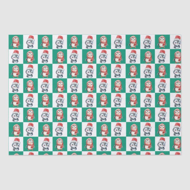 Papel De Seda Papais noeis pinguins aquarela Padrão Feliz de Nat (Frente )