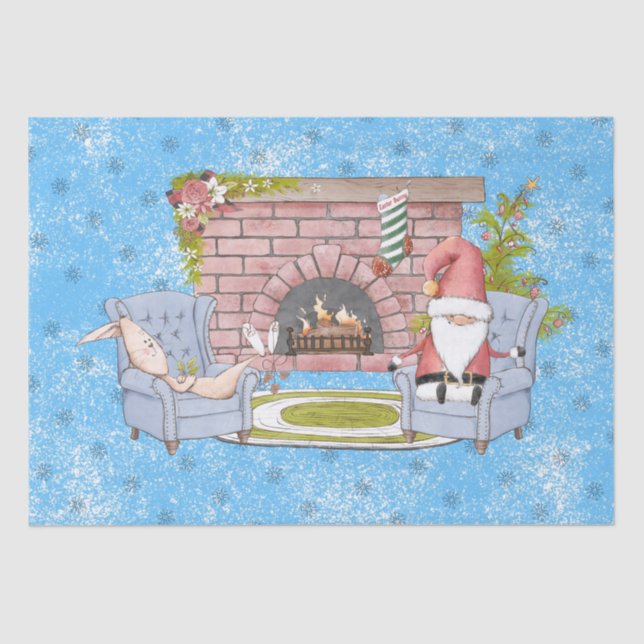 Papel De Seda Papais noeis reaxando pela Lareira com coelho da P (Frente )