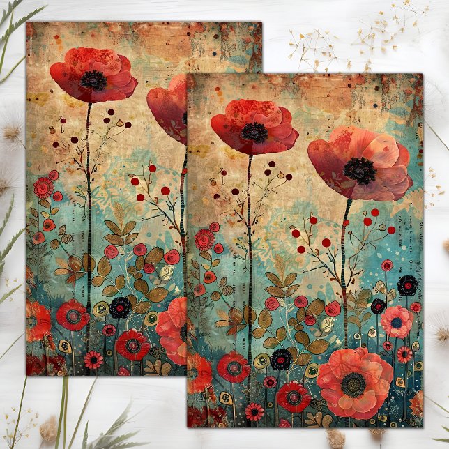 PAPEL DE SEDA PAPAS VERMELHAS NA DECOUPAGEM DE COLAGEM DE MEADOR (RED POPPIES IN MEADOW COLLAGE DECOUPAGE TISSUE PAPER)
