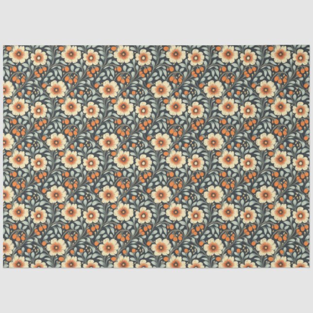 Papel De Seda Papel-Padrão Floral Laranja e Azul (Frente )