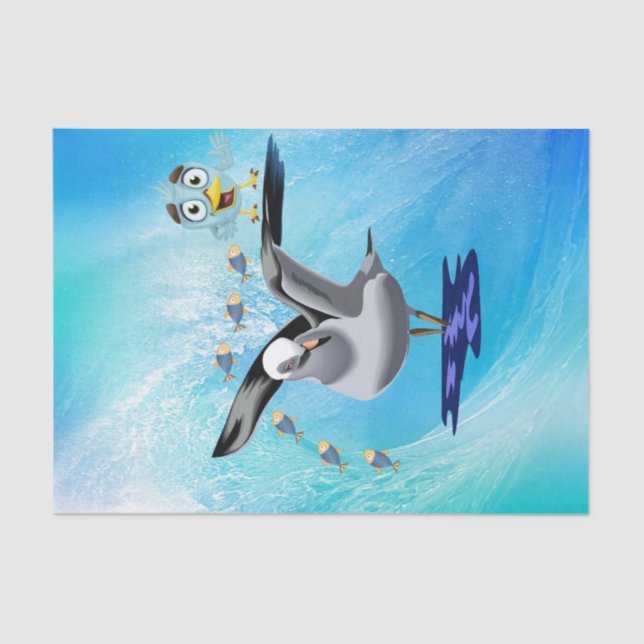 Papel De Seda Papel-Tecido Peixe-Seagu Onda-Pássica-Oceânica (Frente )