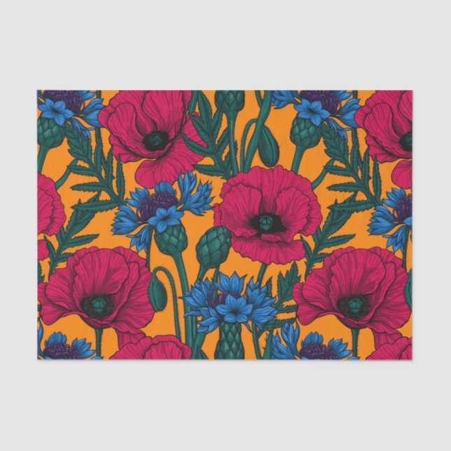 Papel De Seda Papoilas vermelhas e flores azuis em laranja (Frente )