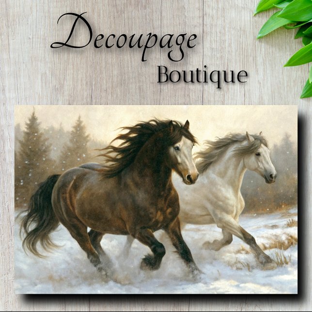 Papel De Seda Par de Cavalos de Corrida de Inverno Decoupage (Winter Pair of Running Horses Decoupage Tissue Paper)