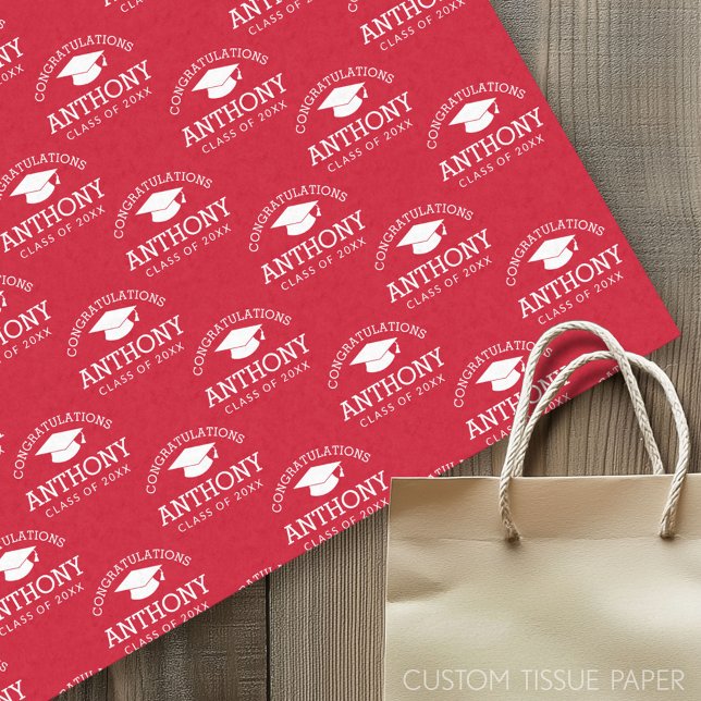 Papel De Seda Parabéns Boné de formatura branco vermelho (Custom Tissue Paper)