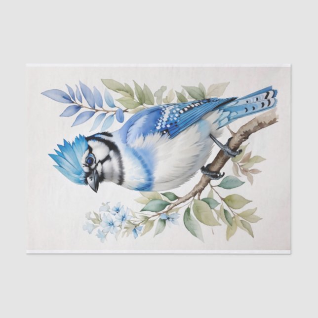 Papel De Seda Pássaro azul-aquarela na ramificação da árvore (Frente )