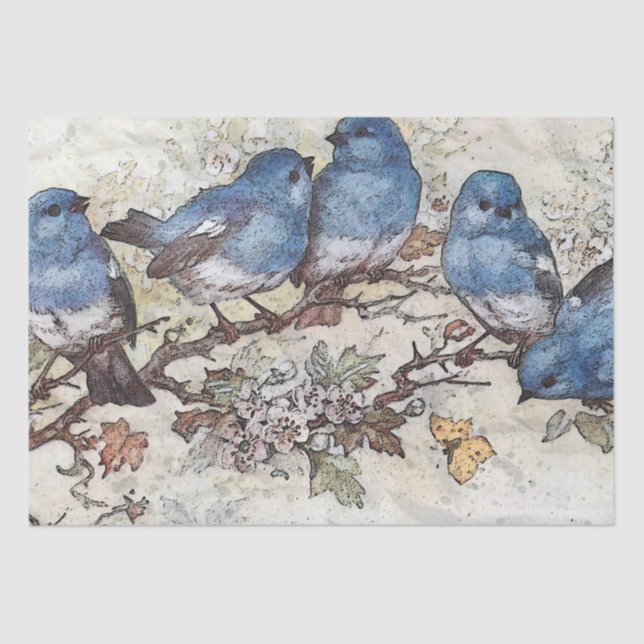 Papel De Seda Pássaro Azul no Branch Butterfly Disoupage (Frente )