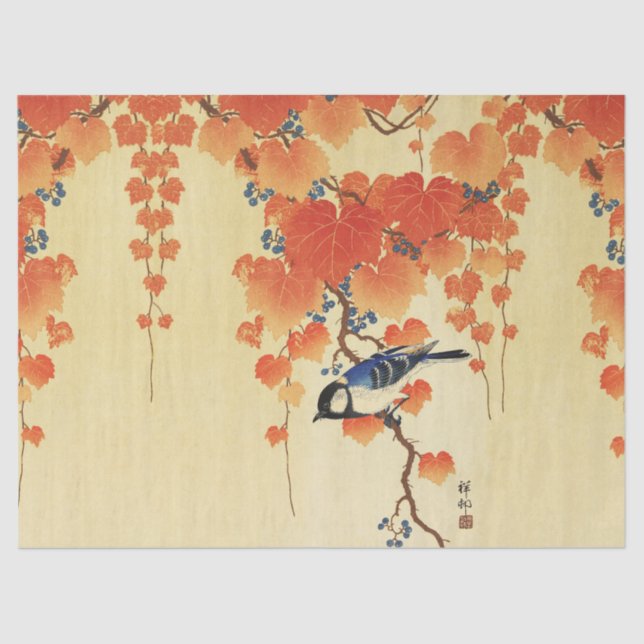 Papel De Seda Pássaro azul, Ramificação de Paulownia, Folhas de  (Frente )