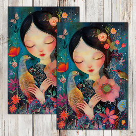 PAPEL DE SEDA PÁSSARO BOHO E MENINA DAS FLORES DÉCOUPAGE