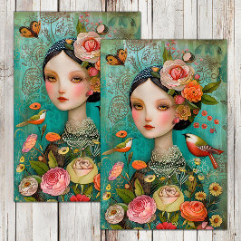 PAPEL DE SEDA PÁSSARO BOHO E MENINA DAS FLORES DÉCOUPE