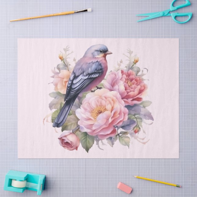 Papel De Seda Pássaro Cantando sobre Peônias Rosa (Arte )