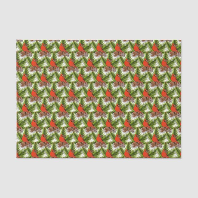 Papel De Seda Pássaro Cardinal com Flocos de Neve e Pinhas (Frente )