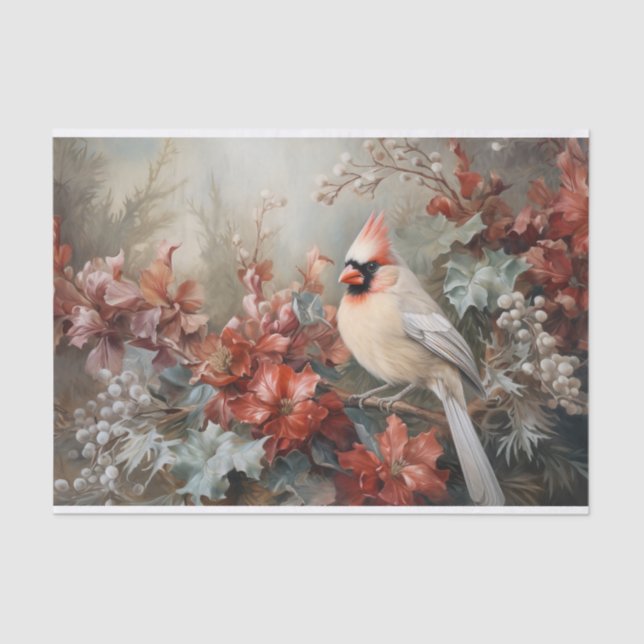 Papel De Seda Pássaro Cardinal de Natal com Folhas de Azevinho n (Frente )