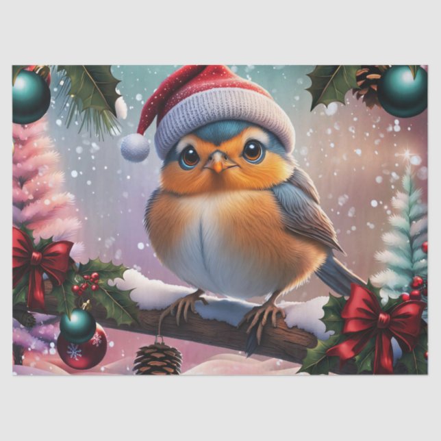 Papel De Seda Pássaro de Natal bonito sentado num galho (Frente )