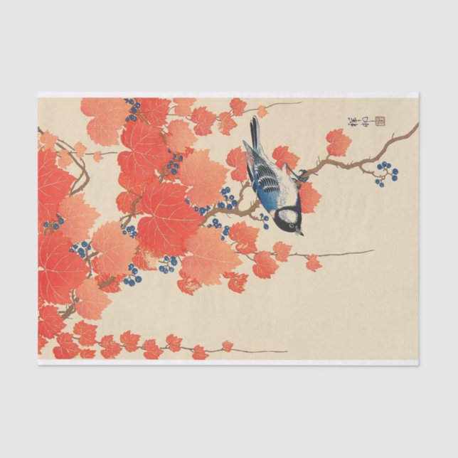 Papel De Seda Pássaro em Red Ivy, Koson, Ukiyoe (Frente )