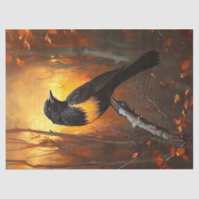 Papel De Seda Pássaro Empoleirado na Ramificação da Floresta Aut (Frente )