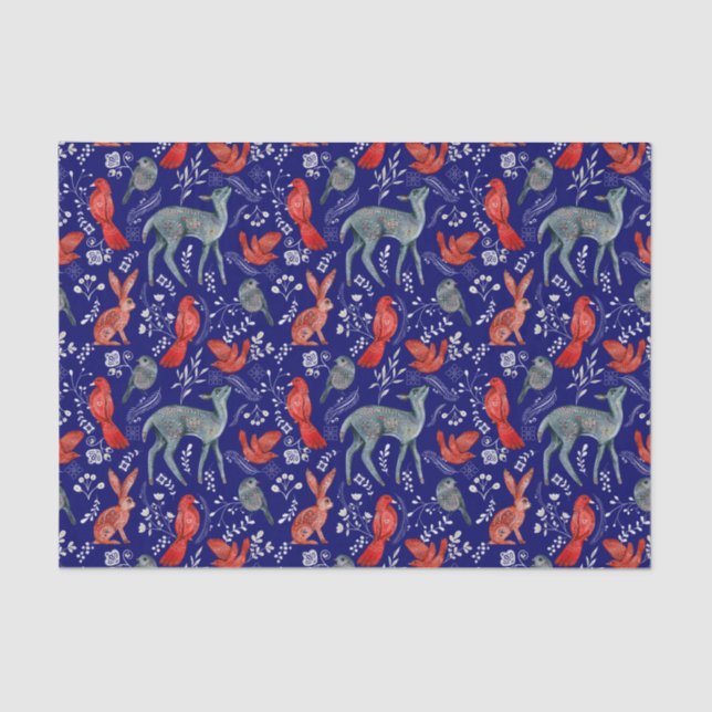 Papel De Seda Pássaro Floral Nórdico do Coelho Azul (Frente )